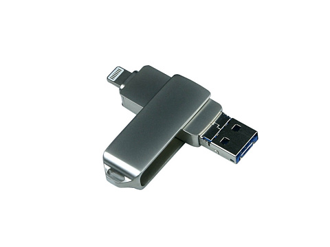 USB-флешка на 128 Гб, интерфейс USB3.0, поворотный механизм,c дополнительными разъемами для I-phone Lightning и Micro USB,  полностью металлический корпус, серебро