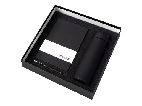 Подарочный набор с блокнотом С3, металлической ручкой и термосом, черный - рис 2.