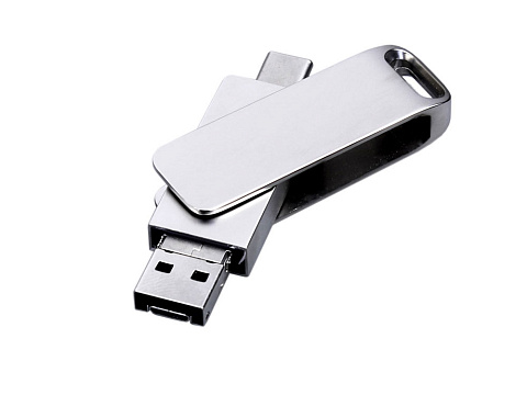 USB 2.0-флешка на 16 Гб поворотный механизм, c дополнительным разъемом Micro USB с одноцветным металлическим клипом