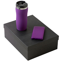 Подарочный набор c вакуумной термокружкой и повербанком С2, фиолетовый