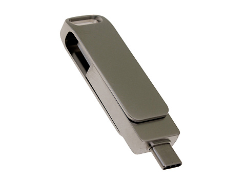 USB 2.0- флешка на 32 Гб поворотный механизм 2 в 1, c дополнительным разъемом Type-C с одноцветным металлическим клипом, серый - рис 2.