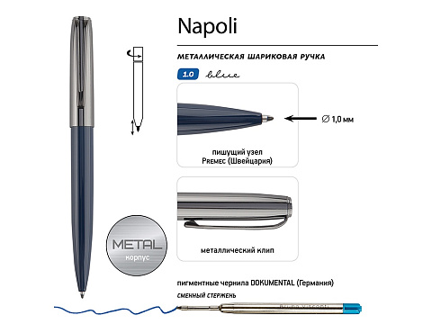 Ручка металлическая шариковая Napoli, синий/вороненая сталь - рис 3.