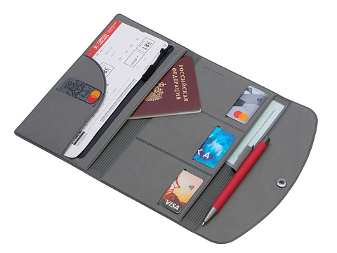 Органайзер для документов на кнопке с отделением для купюр и ручки, упаковка в индивидуальный пакет, серый - рис 2.