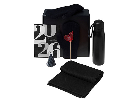 Подарочный набор с варежками, шарфом и термосом, черный - рис 2.