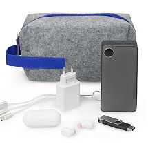 Органайзер для электроники и проводов Felt из RPET-фетра с ручкой, серый с синим