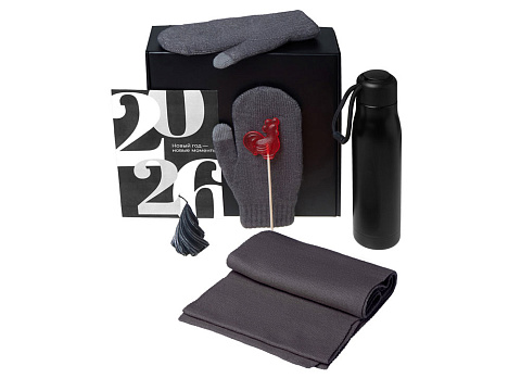 Подарочный набор с варежками, шарфом и термосом, серый - рис 2.