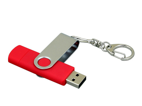 Флешка с  поворотным механизмом, c дополнительным разъемом Micro USB, 64 Гб, красный - рис 3.