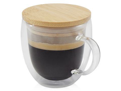 Стеклянная кружка Lenora емкостью 250 мл с бамбуковой крышкой - прозрачный
