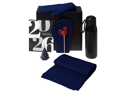 Подарочный набор с варежками, шарфом и термосом, темно-синий - рис 2.