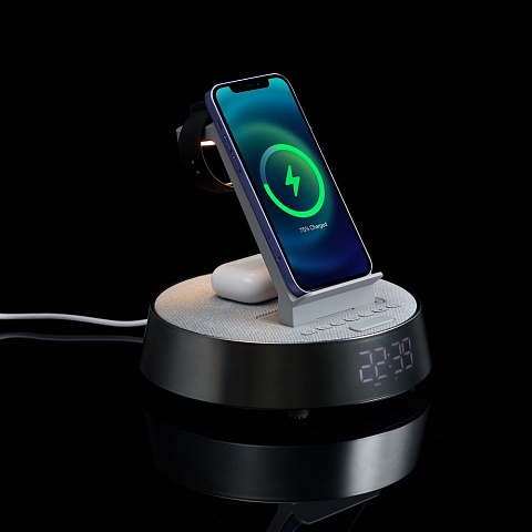 Bluetooth-колонка с беспроводной зарядкой и часами netEnergy, серая - рис 13.