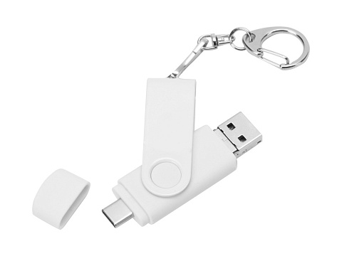 USB-флешка на 32 Гб 3 в 1 поворотный механизм, c двумя дополнительными разъемами MicroUSB и TypeC C с одноцветным металлическим клипом, белый - рис 3.