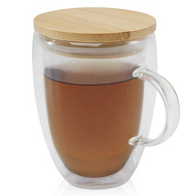 Стеклянная кружка Leona объемом 350 мл с бамбуковой крышкой - прозрачный