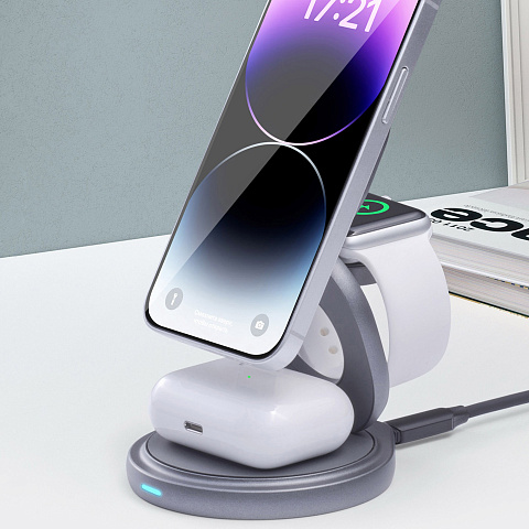 Беспроводная зарядная станция 3 в 1 MagSafe Rotation QI складная, графит, Deppa - рис 2.