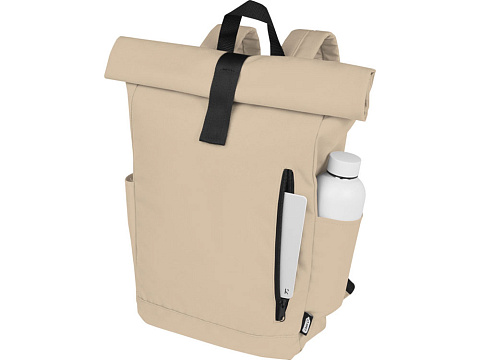 Рюкзак Байрон 15,6 объемом 18 л со скручиваемым верхом, изготовленный из переработанного ПЭТ по стандарту GRS, бежевый - рис 4.