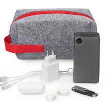 Органайзер для электроники и проводов Felt из RPET-фетра с ручкой, серый с красным