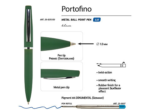 Ручка Portofino шариковая  автоматическая, зеленый металлический корпус, 1.0 мм, синяя - рис 3.